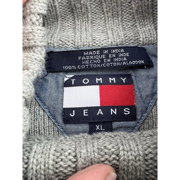 VINTAGE Y2K Tommy JEANS gray scripted logo mockneck ski sweater XL stripes - Picture 4 of 8